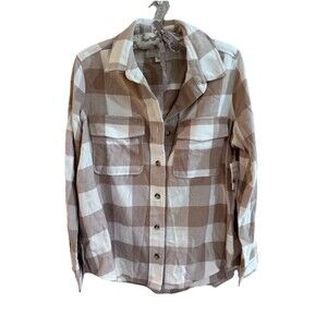 Casalon Beige Brown Flannel Button Up Blouse Medium Buffalo Preppy Rustic NEW